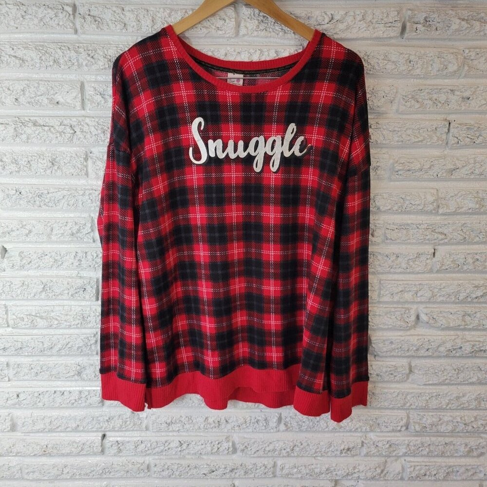 Secret Treasures Womens XL Pajama Top Red Plaid Long Sleeve Crew Neck PJ NOV149E